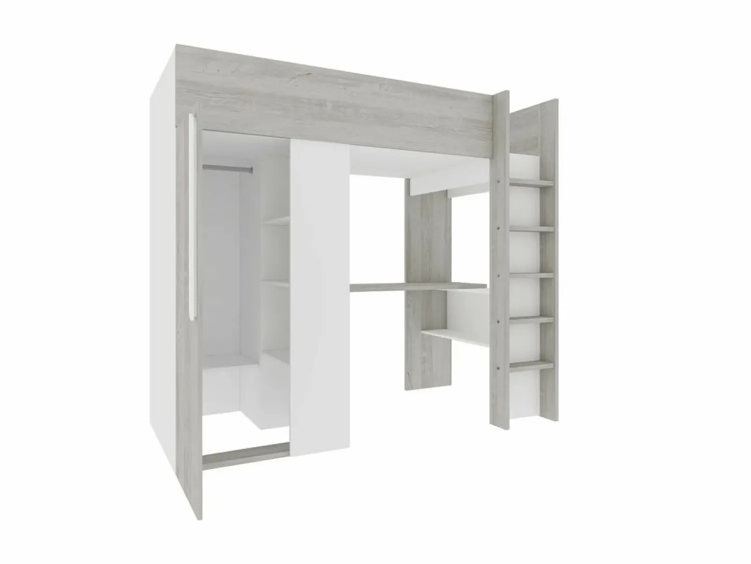 Clearance Vente-unique Cama alta de 90 x 200 cm con armario y escritorio en gris natural y blanco + colchón - NICOLAS Gris claro / Blanco