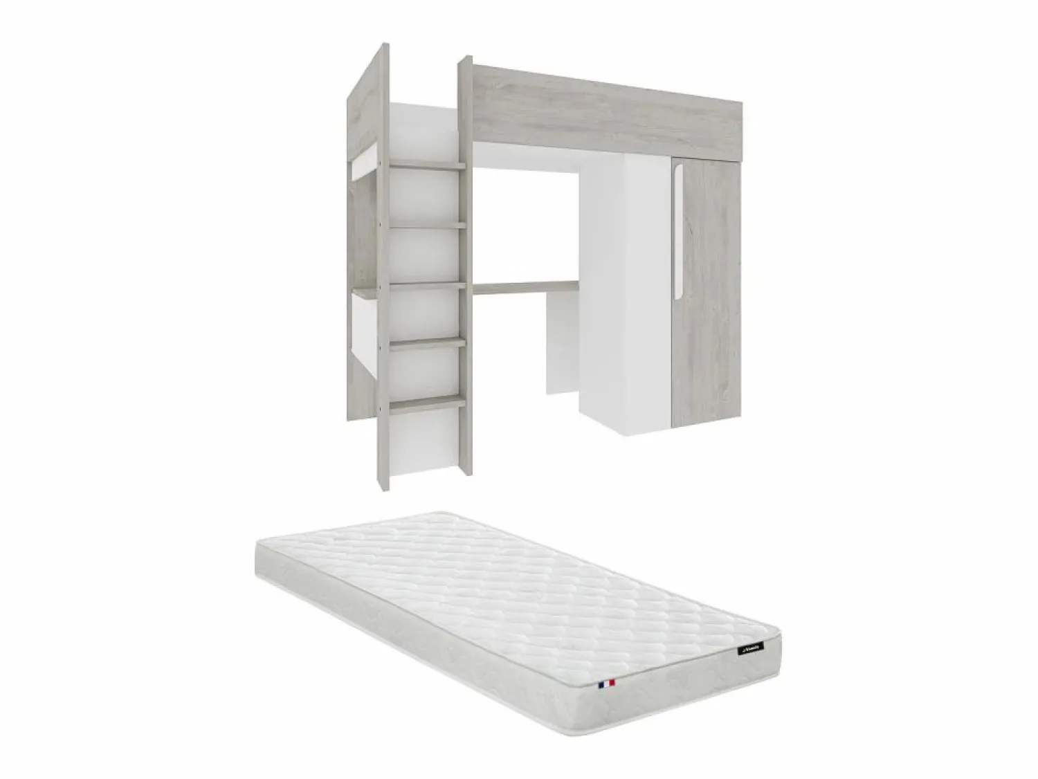 Clearance Vente-unique Cama alta de 90 x 200 cm con armario y escritorio en gris natural y blanco + colchón - NICOLAS Gris claro / Blanco