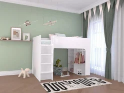 Vente-unique Cama alta de 90 x 190 cm con almacenaje, blanca + colchón - COLUMI