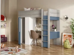 Vente-unique Cama alta de 90 x 200 cm con armario y escritorio, azul y blanco - NICOLAS