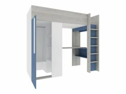 Vente-unique Cama alta de 90 x 200 cm con armario y escritorio, azul y blanco - NICOLAS
