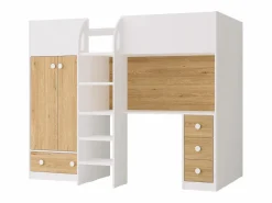 Vente-unique Cama alta de 90 x 190 cm con armario y escritorio blanco y natural + colchón - CINAMO