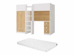 Vente-unique Cama alta de 90 x 190 cm con armario y escritorio blanco y natural + colchón - CINAMO