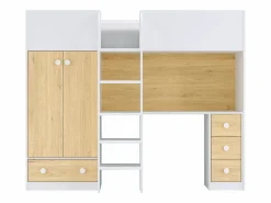 Vente-unique Cama alta de 90 x 190 cm con armario y escritorio blanco y natural + colchón - CINAMO