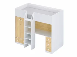 Vente-unique Cama alta de 90 x 190 cm con armario y escritorio blanco y natural + colchón - CINAMO
