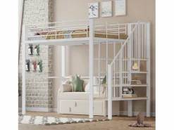 Discount Cama alta de 140 x 200 cm con escalera grande - Metal + Contrachapado + MDF - Somier de láminas - Cama Alta