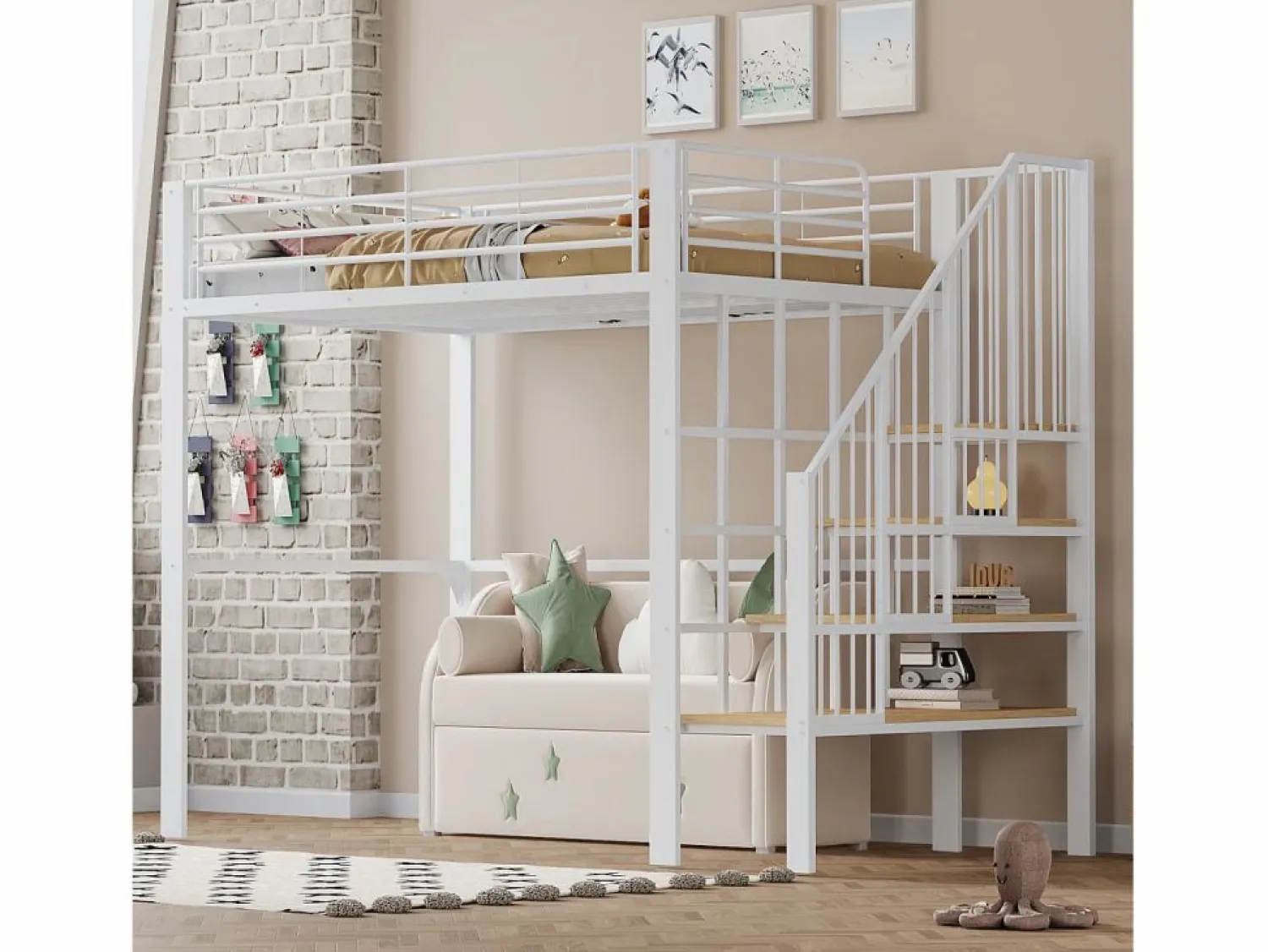 Discount Cama alta de 140 x 200 cm con escalera grande - Metal + Contrachapado + MDF - Somier de láminas - Cama Alta