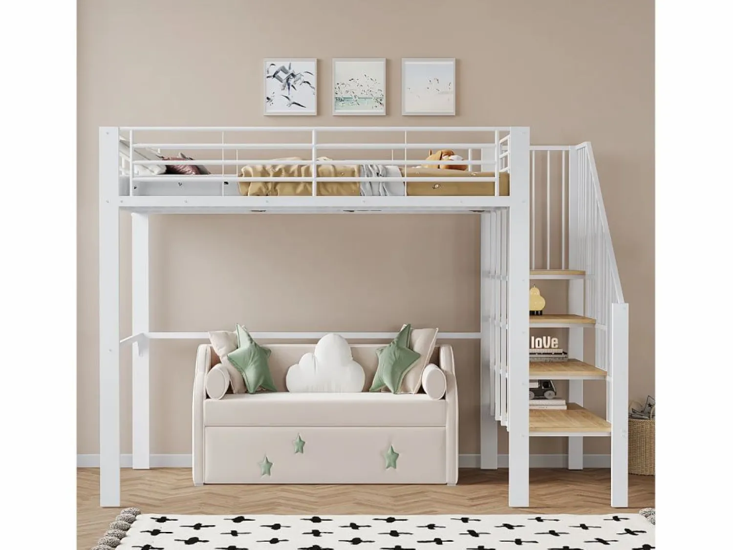 Discount Cama alta de 140 x 200 cm con escalera grande - Metal + Contrachapado + MDF - Somier de láminas - Cama Alta