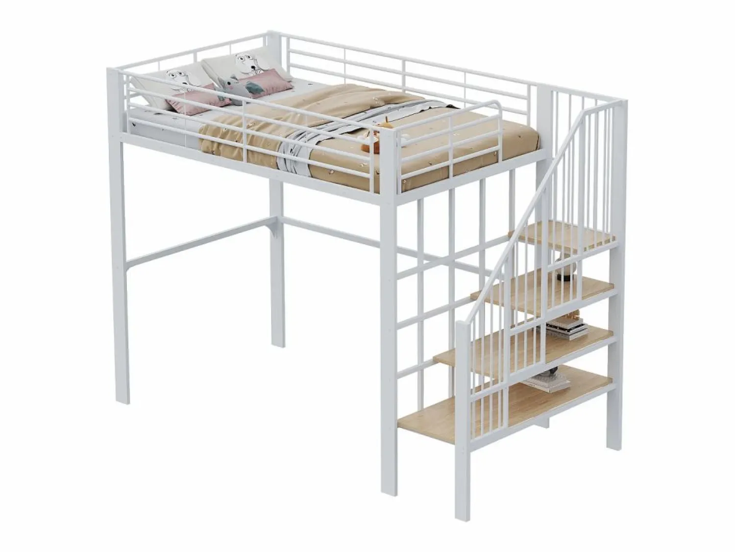 Discount Cama alta de 140 x 200 cm con escalera grande - Metal + Contrachapado + MDF - Somier de láminas - Cama Alta