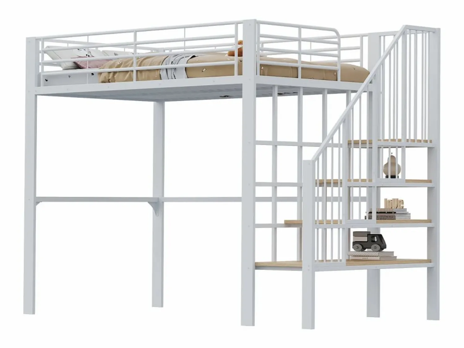 Discount Cama alta de 140 x 200 cm con escalera grande - Metal + Contrachapado + MDF - Somier de láminas - Cama Alta