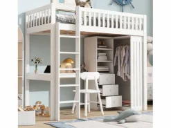 ModernLuxe Cama alta de madera de 90x200 cm - con escritorio y armario -