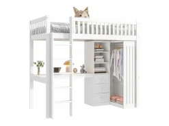 ModernLuxe Cama alta de madera de 90x200 cm - con escritorio y armario -