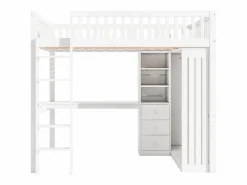 Discount Cama alta de madera de 140x200 cm - con escritorio y armario - Cama Alta