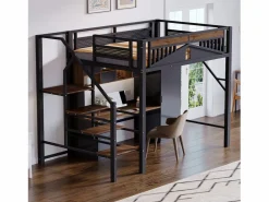 Online Cama alta de madera oscura y negra 140x200cm con barandilla de seguridad y escalera, metal + MDF (colchón no incluido) Cama Alta