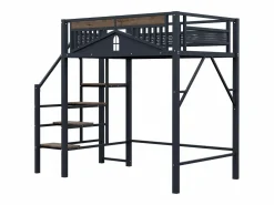 Online Cama alta de madera oscura y negra 140x200cm con barandilla de seguridad y escalera, metal + MDF (colchón no incluido) Cama Alta