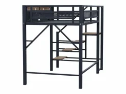 Online Cama alta de madera oscura y negra 140x200cm con barandilla de seguridad y escalera, metal + MDF (colchón no incluido) Cama Alta