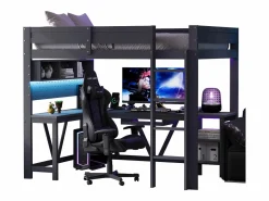 New Merax Cama alta de madera para juegos infantiles - 90 x 200 cm - con escritorio + estante de almacenaje + LED - MDF + madera - Gris