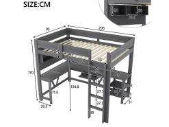 New Merax Cama alta de madera para juegos infantiles - 90 x 200 cm - con escritorio + estante de almacenaje + LED - MDF + madera - Gris