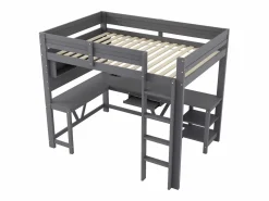New Merax Cama alta de madera para juegos infantiles - 90 x 200 cm - con escritorio + estante de almacenaje + LED - MDF + madera - Gris