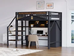 Hot Cama alta de metal - 140 x 200 cm - con barandilla + escalera de seguridad - madera + metal - Cama Alta|Cama Con Almacenaje