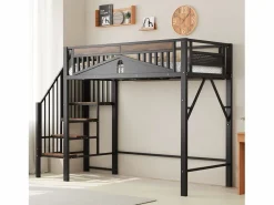 Clearance Merax Cama alta de metal - 90 x 200 cm - con barandilla + escalera de seguridad - madera + metal - Negro