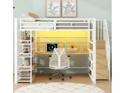 Clearance Merax Cama alta de metal - 140 x 200 cm - con escalera de almacenaje + escritorio + estante + USB + LED - MDF + metal - Blanco