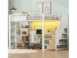 Clearance Merax Cama alta de metal - 140 x 200 cm - con escalera de almacenaje + escritorio + estante + USB + LED - MDF + metal - Blanco