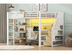 Clearance Merax Cama alta de metal - 140 x 200 cm - con escalera de almacenaje + escritorio + estante + USB + LED - MDF + metal - Blanco