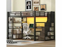 Cama alta de metal - 140 x 200 cm - con escalera de almacenaje + escritorio + estante + USB + LED - MDF + metal - Cama Alta|Cama Con Almacenaje