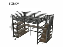 Cama alta de metal - 140 x 200 cm - con escalera de almacenaje + escritorio + estante + USB + LED - MDF + metal - Cama Alta|Cama Con Almacenaje