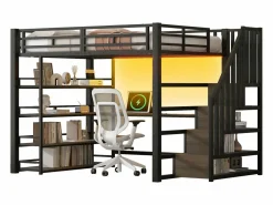 Cama alta de metal - 140 x 200 cm - con escalera de almacenaje + escritorio + estante + USB + LED - MDF + metal - Cama Alta|Cama Con Almacenaje