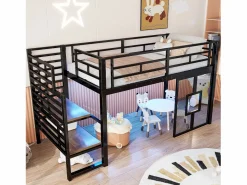 Hot Cama alta de metal para niños - 90 x 200 cm - con escalera + almacenaje + LED + ventanas - Cama Alta