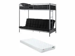 Sale Vente-unique Cama alta de metal de 90 x 190 cm con sofá convertible + futón + colchón MODULO V Plateado