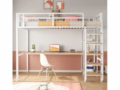 ModernLuxe Cama alta de metal 90x200 cm - con escritorio y escalera de seguridad -