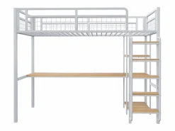 ModernLuxe Cama alta de metal 90x200 cm - con escritorio y escalera de seguridad -