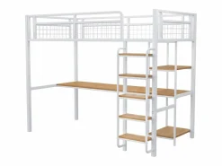 ModernLuxe Cama alta de metal 90x200 cm - con escritorio y escalera de seguridad -