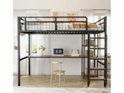 ModernLuxe Cama alta de metal 140x200 cm - con escritorio y escalera de seguridad - Negro