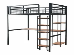 ModernLuxe Cama alta de metal 140x200 cm - con escritorio y escalera de seguridad - Negro
