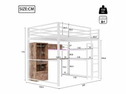 Hauss Spole Cama alta de 140x200 cm con iluminación LED, escritorio, cajón y estantes, estructura metálica, blanca