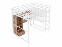 Hauss Spole Cama alta de 140x200 cm con iluminación LED, escritorio, cajón y estantes, estructura metálica, blanca