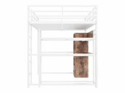 Hauss Spole Cama alta de 140x200 cm con iluminación LED, escritorio, cajón y estantes, estructura metálica, blanca