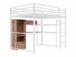 Hauss Spole Cama alta de 140x200 cm con iluminación LED, escritorio, cajón y estantes, estructura metálica, blanca