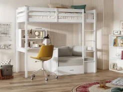 Online Vente-unique Cama alta escritorio, sofá y compartimentos. 90x200 cm. Pino macizo. . GOLIATH II Blanco