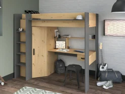 Outlet Vente-unique Cama alta escritorio y armario 90 x 200 cm natural y antracita con colchón AUCKLAND Gris antracita / Color natural claro