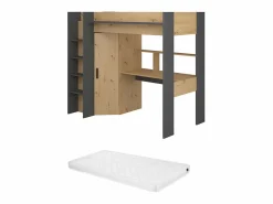 Outlet Vente-unique Cama alta escritorio y armario 90 x 200 cm natural y antracita con colchón AUCKLAND Gris antracita / Color natural claro