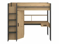 Outlet Vente-unique Cama alta escritorio y armario 90 x 200 cm natural y antracita con colchón AUCKLAND Gris antracita / Color natural claro