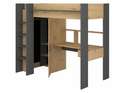 Outlet Vente-unique Cama alta escritorio y armario 90 x 200 cm natural y antracita con colchón AUCKLAND Gris antracita / Color natural claro