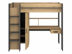 Outlet Vente-unique Cama alta escritorio y armario 90 x 200 cm natural y antracita con colchón AUCKLAND Gris antracita / Color natural claro