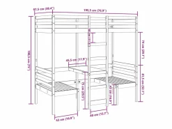 vidaxl Cama alta escritorio y asientos madera maciza marrón 90x190 cm