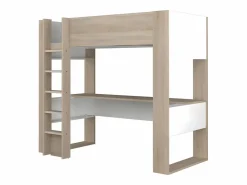 Best Vente-unique Cama alta escritorio y estantería integrados blanco NOAH II Color natural claro / Blanco